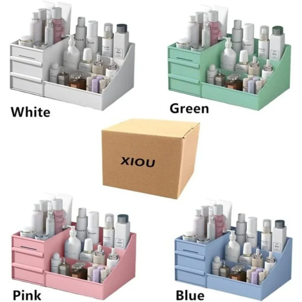 New Blue Makeup Desk Organizer, Countertop Drawer Storage for Vanity & Cosmetics